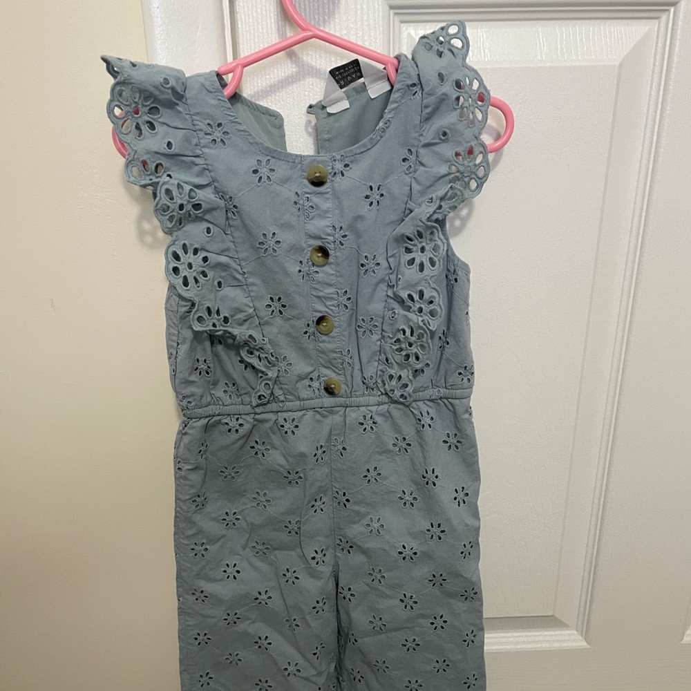 Girls, light blue pant romper.